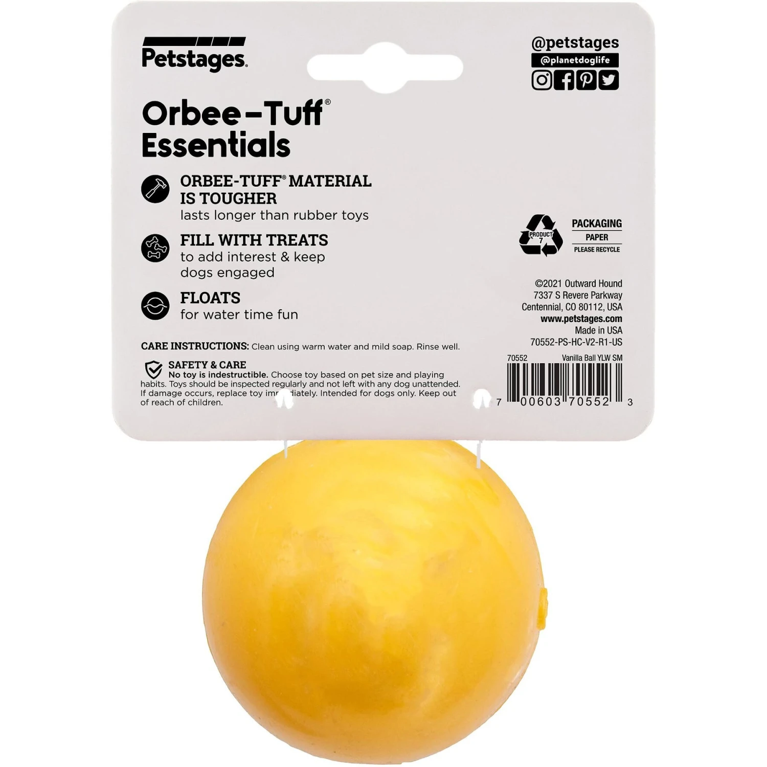 Planet Dog Orbee-Tuff Essentials Vanilla Scented Interactive Dog Ball Treat Dispenser Toy, Yellow 10 Planet Dog Orbee-Tuff Essentials Vanilla Scented Interactive Dog Ball Treat Dispenser Toy, Yellow - Image 8