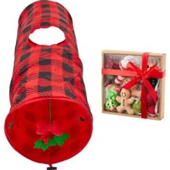 Frisco Holiday Buffalo Plaid Foldable Play Tunnel Cat Toy With Catnip & Frisco Holiday Festive Red Variety Pack Gift Box Cat Toy With Catnip, 14 Count